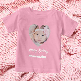 Camiseta De Bebé Foto corazón nombre cumpleaños niña rosa