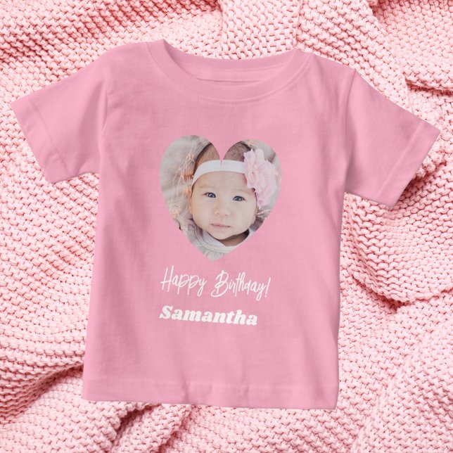 Camiseta De Bebé Foto corazón nombre cumpleaños niña rosa (Subido por el creador)
