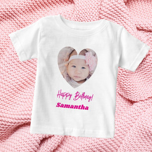 Camiseta De Bebé Foto corazón nombre cumpleaños niña rosa