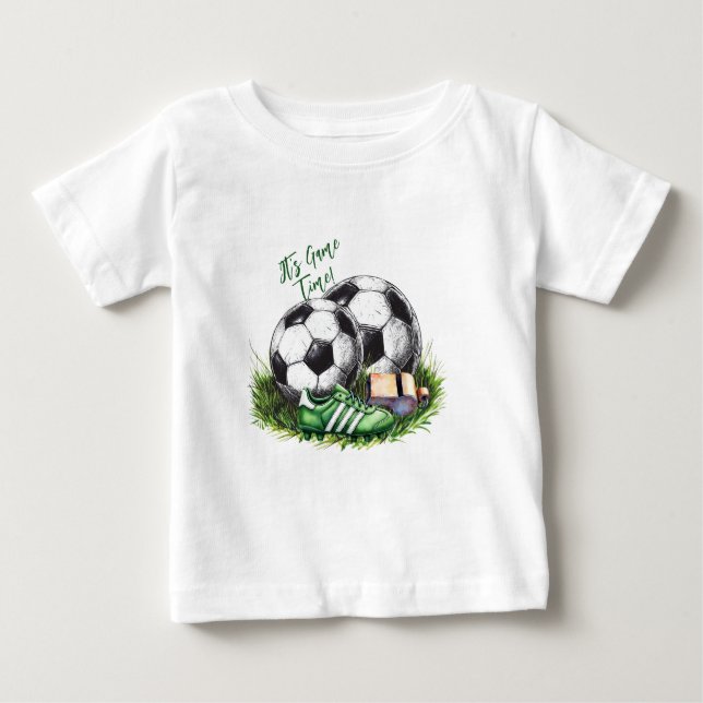 Camiseta De Bebé Foto de acuarela de niños de fútbol verde marino (Anverso)