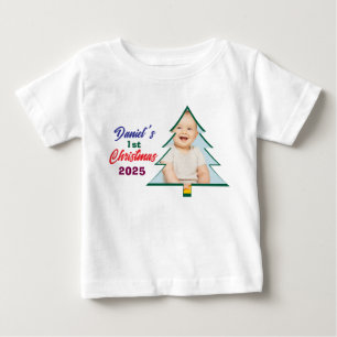 Camiseta De Bebé Foto de árbol lindo bebé niño 1er Navidad