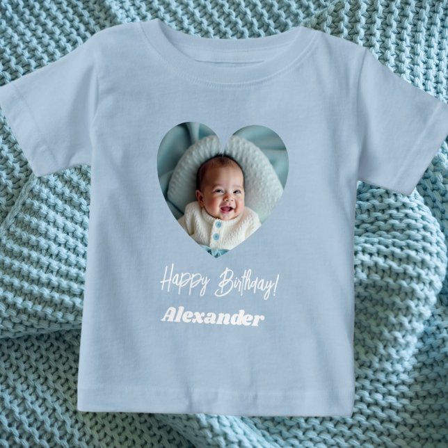 Camiseta De Bebé Foto de nombre de corazón cumpleaños niño azul (Subido por el creador)