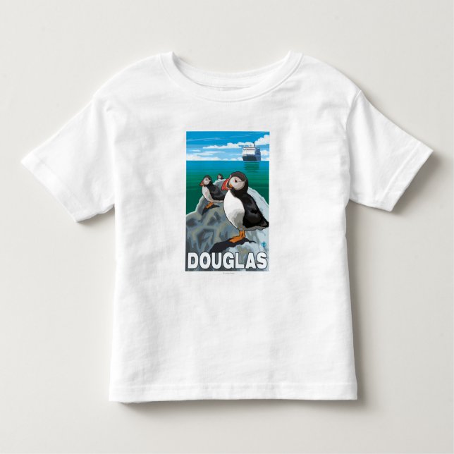 Camiseta De Bebé Frailecillos y barco de cruceros - Douglas, Alaska (Anverso)