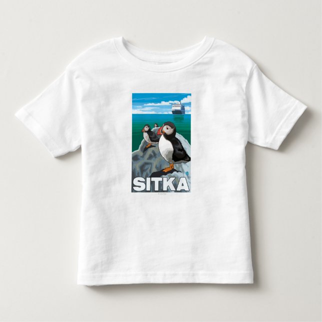 Camiseta De Bebé Frailecillos y barco de cruceros - Sitka, Alaska (Anverso)