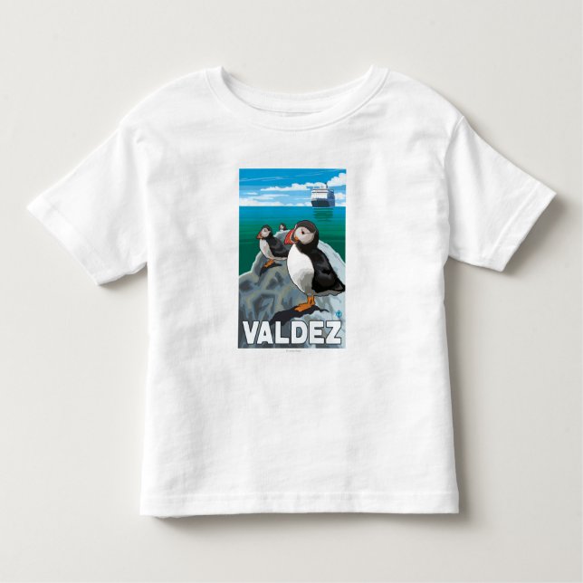 Camiseta De Bebé Frailecillos y barco de cruceros - Valdez, Alaska (Anverso)