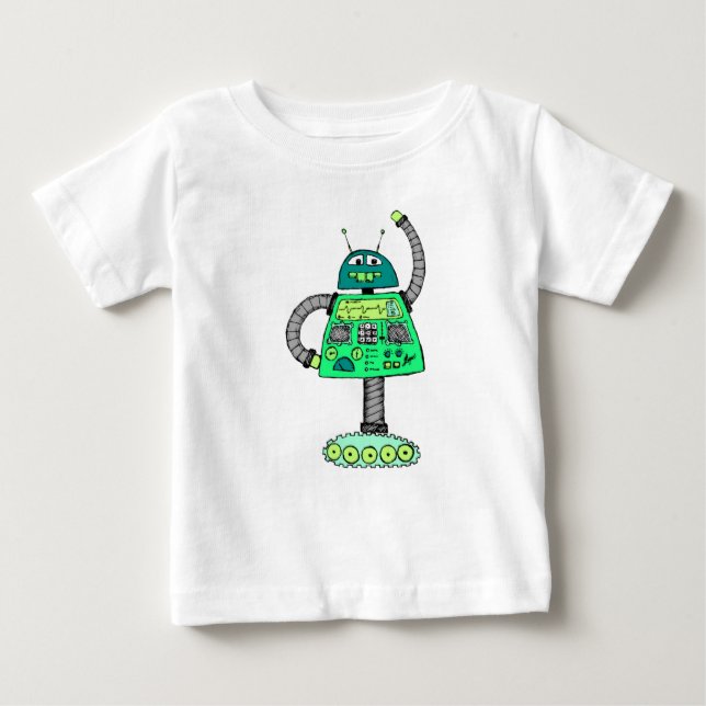 Camiseta De Bebé Frankie robot, verde sobre blanco (Anverso)