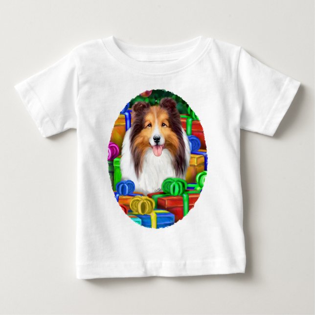 Camiseta De Bebé Fundición de regalos abiertos de Sheltie Navidades (Anverso)