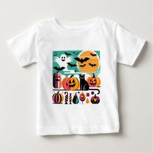 Camiseta De Bebé Funky Retro Wave Halloween Pumpkin Black Cat Ghost