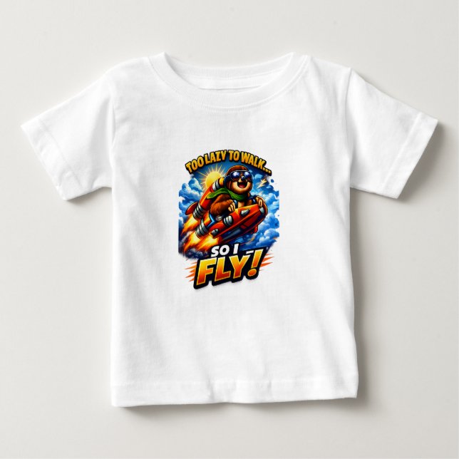 Camiseta De Bebé Funny Sloth Rocket Meme, Too Lazy to Walk So I Fly (Anverso)