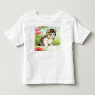 Camiseta De Bebé Gatito blanco y marrón vintage con flores
