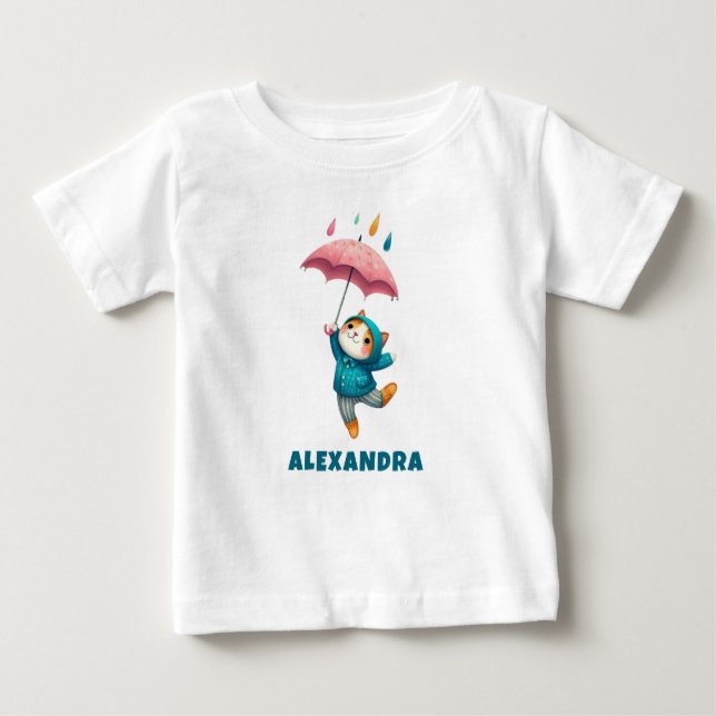 Camiseta De Bebé Gatito lindo con paraguas bailando en la lluvia (Anverso)