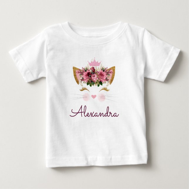 Camiseta De Bebé Gatito Monograma de Rosa Dorado en su 1er Cumpleañ (Anverso)