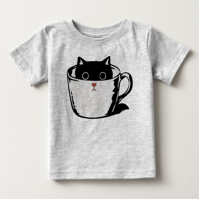 Camiseta De Bebé Gatito negro con nariz roja escondido en una taza (Anverso)
