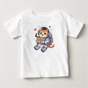 Camiseta De Bebé Gato Astronauta Adorable Bebiendo Café En El Espac