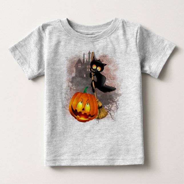 Camiseta De Bebé Gato asustado por un personaje de Halloween divert (Anverso)