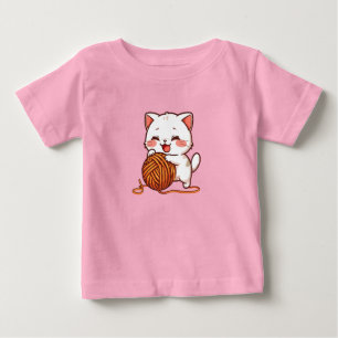 Camiseta De Bebé “Gato Blanco Adorable Jugando con Bola de Lana Kaw