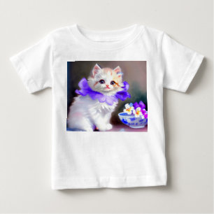Camiseta De Bebé Gato blanco con pintura de cuello de flores morada