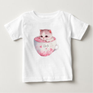 Camiseta De Bebé Gato blanco-rosado en una taza de té (3)