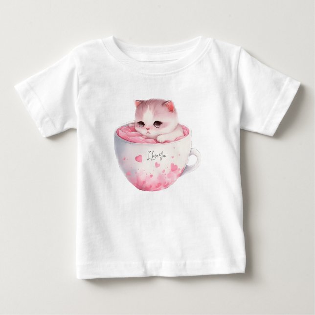 Camiseta De Bebé Gato blanco-rosado en una taza de té (3) (Anverso)