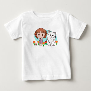 Camiseta De Bebé gato, chica y tulipanes