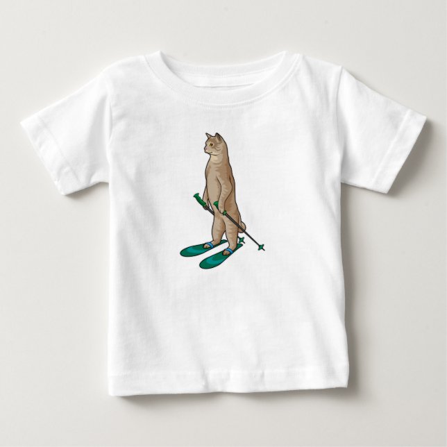 Camiseta De Bebé Gato como esquiador con bastones de esquí y esquí (Anverso)