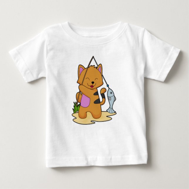 Camiseta De Bebé Gato como pescador con barra de pesca y pescado (Anverso)