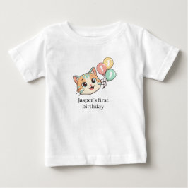 Camiseta De Bebé Gato con 3 Globos Azules Cumpleaños 1er Año