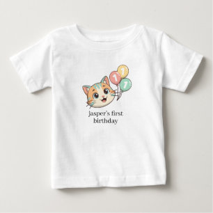 Camiseta De Bebé Gato con 3 Globos Azules Cumpleaños 1er Año