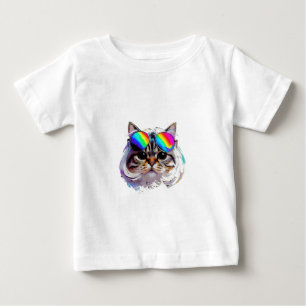 Camiseta De Bebé Gato con peluca + gafas de sol (Pintura #3)