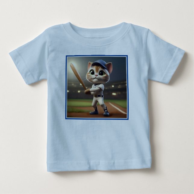 Camiseta De Bebé Gato De Béisbol Gracioso En 3D, (Anverso)