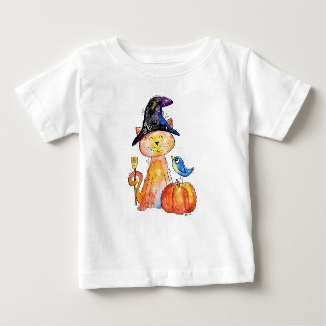 Camiseta De Bebé Gato de bruja caprichoso lindo con calabaza (Anverso)