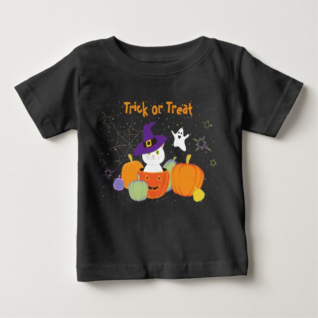 Camiseta De Bebé Gato de Halloween curado en Gorra de brujas (Anverso)