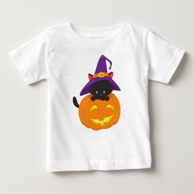 Camiseta De Bebé Gato de Halloween, gato negro, Gorra de brujas, ca (Anverso)