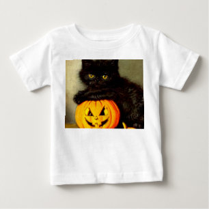 Camiseta De Bebé Gato de Halloween vintage y linterna de Jack-o
