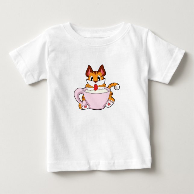 Camiseta De Bebé Gato de tigre con una copa de leche. PNG (Anverso)
