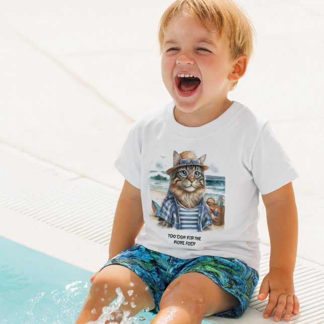 Camiseta De Bebé Gato Kitty de Guay en la playa (Fun in the sun , toddler or baby boy swim t-shirt.  "too cool for the kiddie pool")