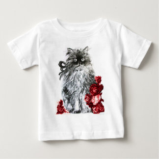 Camiseta De Bebé GATO KITTY, KITTEN CON ROSAS ROJAS, negro y blanco