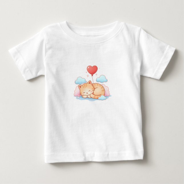 Camiseta De Bebé Gato Lindo Durmiendo con Globo de Corazón  (Anverso)