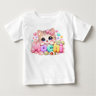 Camiseta De Bebé Gato Mochi Kawaii Lindo Nombre Rosa Pastel Brillan