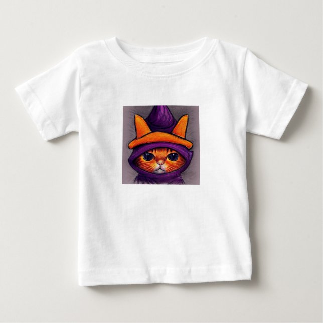 Camiseta De Bebé Gato naranja con Gorra de bruja morada Halloween (Anverso)