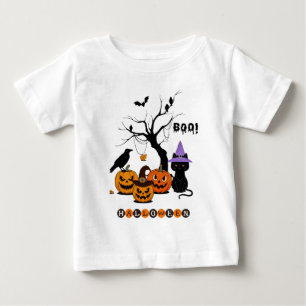 Camiseta De Bebé Gato negro de Halloween adorable con calabazas