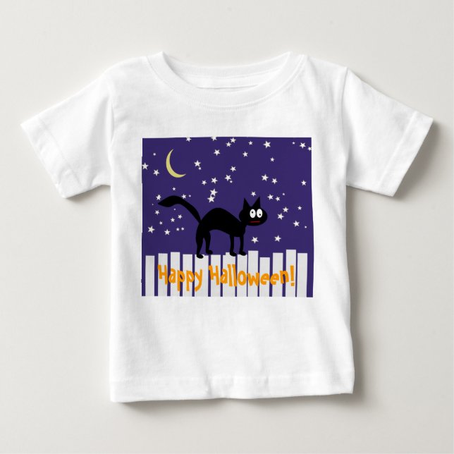 Camiseta De Bebé Gato negro de Halloween en la cerca (Anverso)