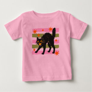 Camiseta De Bebé Gato negro de Halloween lindo con rayas rosadas y