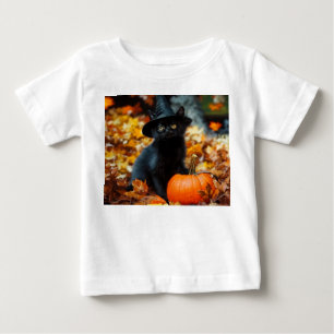 Camiseta De Bebé Gato negro de Halloween y calabaza