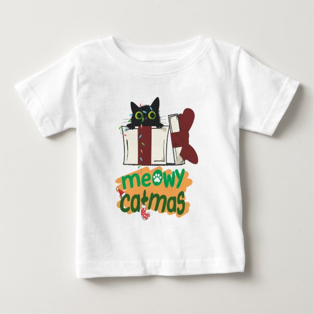 Camiseta De Bebé Gato negro de Santa Claus enredado en luces de árb (Anverso)
