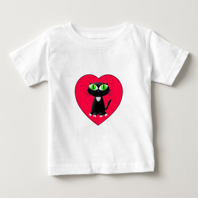 Camiseta De Bebé Gato Negro En Corazón Rojo (Anverso)