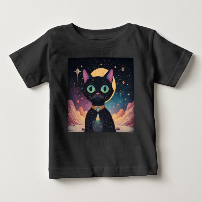 Camiseta De Bebé Gato negro futurista atómico en luz de la luna (Anverso)