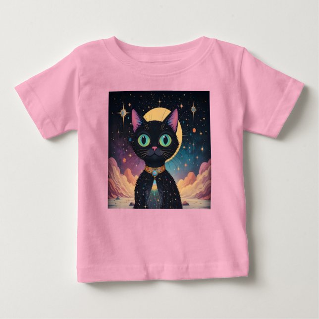 Camiseta De Bebé Gato negro futurista atómico en luz de la luna (Anverso)