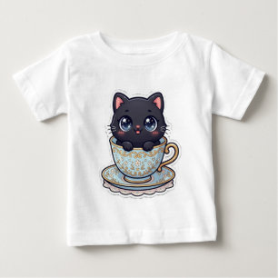 Camiseta De Bebé Gato negro Kawaii lindo en una taza de té floral v