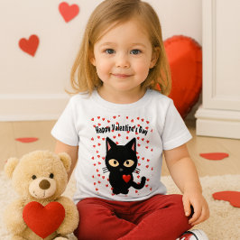 Camiseta De Bebé Gato Negro Lindo Día de San Valentín Corazones de
